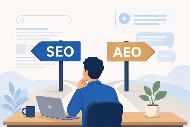 Small Business Owner at Laptop with SEO and AEO Signposts