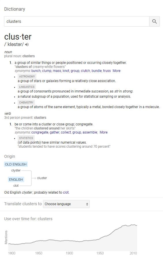 According to the definition Google kindly offered me (see below), a cluster is "a group of similar things or people positioned or occurring closely together." 